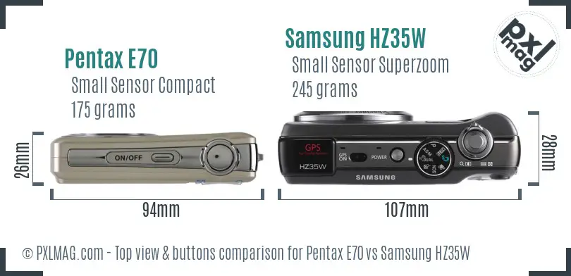 Pentax E70 vs Samsung HZ35W top view buttons comparison