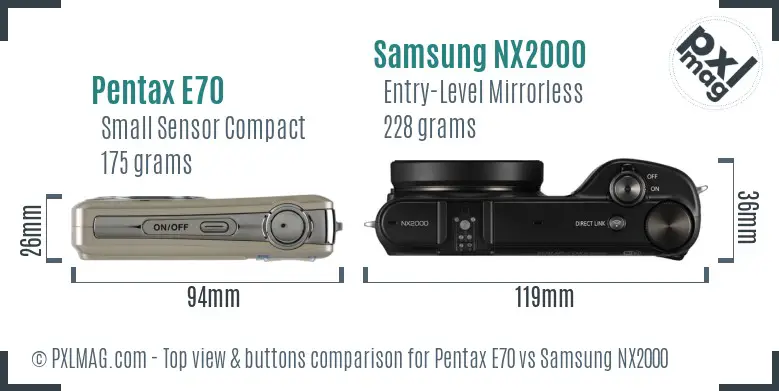 Pentax E70 vs Samsung NX2000 top view buttons comparison