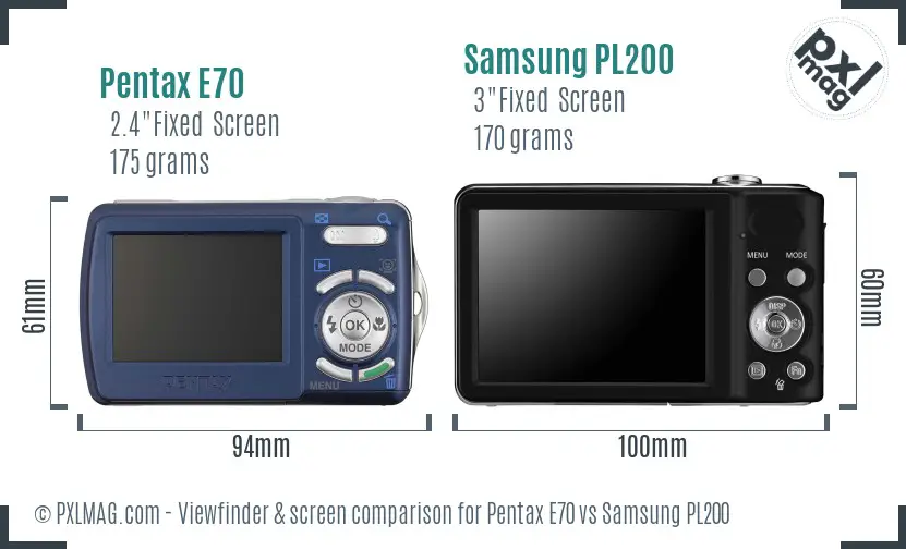 Pentax E70 vs Samsung PL200 Screen and Viewfinder comparison