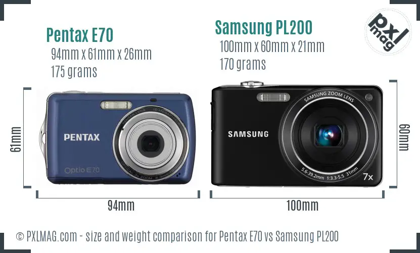 Pentax E70 vs Samsung PL200 size comparison