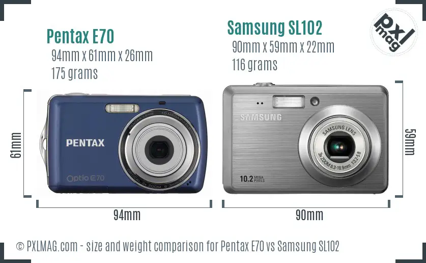 Pentax E70 vs Samsung SL102 size comparison