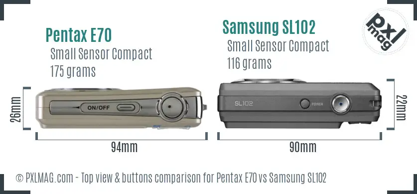 Pentax E70 vs Samsung SL102 top view buttons comparison