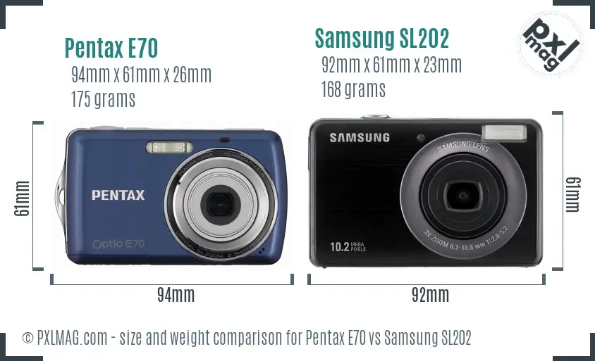 Pentax E70 vs Samsung SL202 size comparison