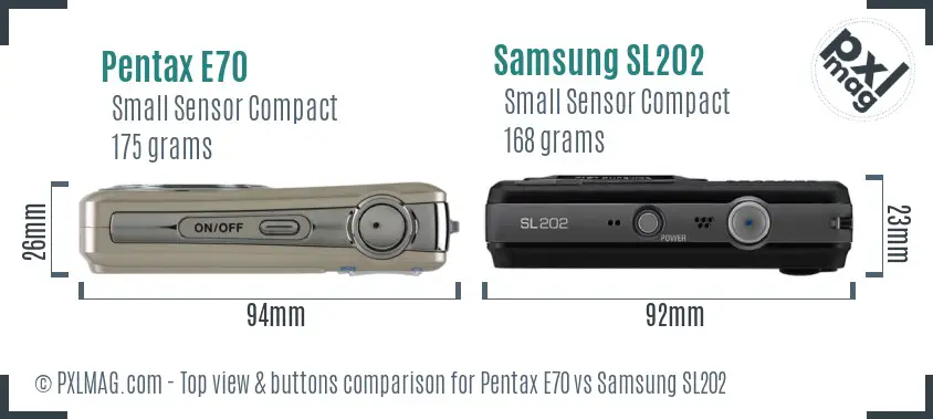 Pentax E70 vs Samsung SL202 top view buttons comparison