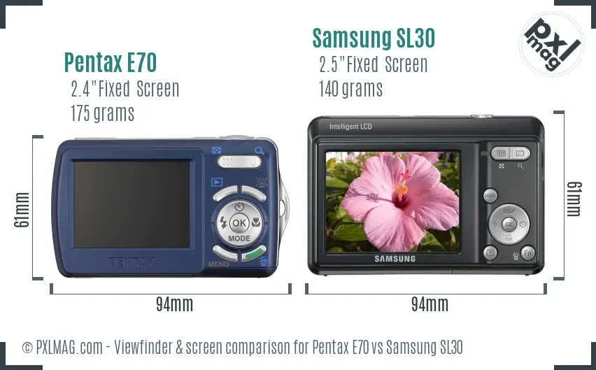 Pentax E70 vs Samsung SL30 Screen and Viewfinder comparison