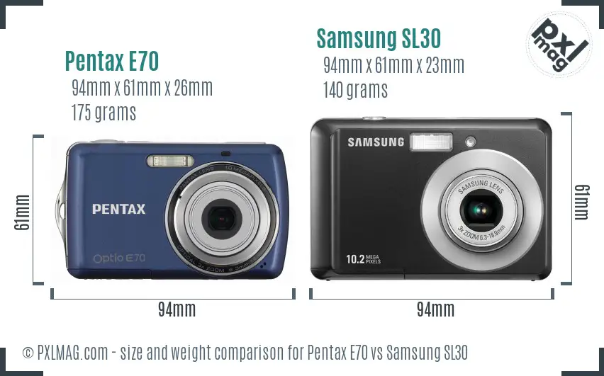 Pentax E70 vs Samsung SL30 size comparison