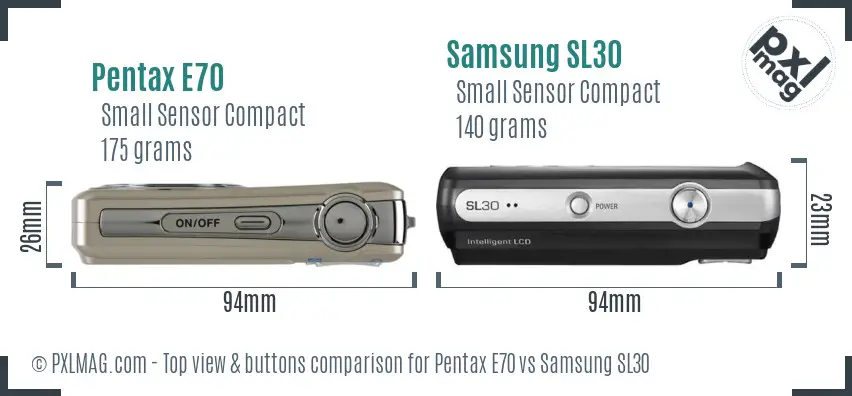 Pentax E70 vs Samsung SL30 top view buttons comparison