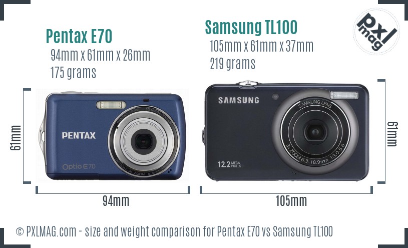 Pentax E70 vs Samsung TL100 size comparison