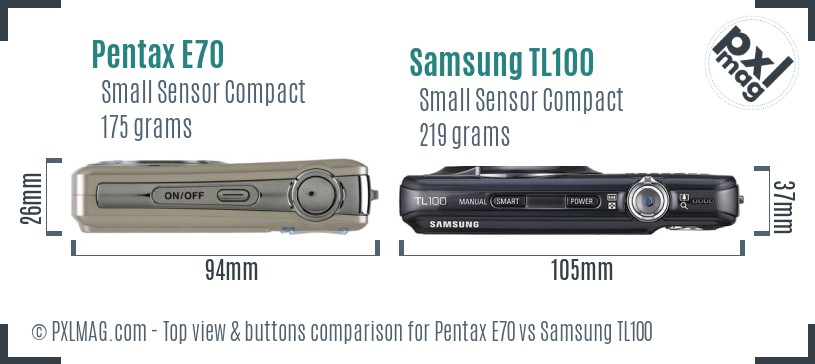 Pentax E70 vs Samsung TL100 top view buttons comparison
