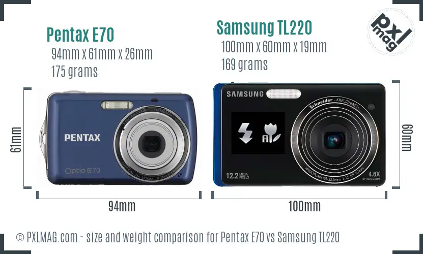 Pentax E70 vs Samsung TL220 size comparison