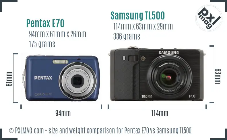 Pentax E70 vs Samsung TL500 size comparison Pentax E70 vs Samsung TL500 size comparison