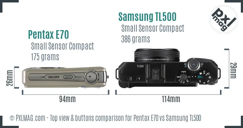 Pentax E70 vs Samsung TL500 top view buttons comparison Pentax E70 vs Samsung TL500 top view buttons comparison