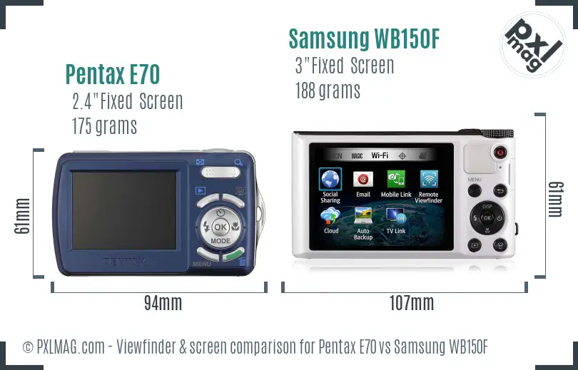 Pentax E70 vs Samsung WB150F Screen and Viewfinder comparison
