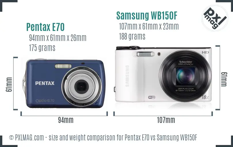 Pentax E70 vs Samsung WB150F size comparison
