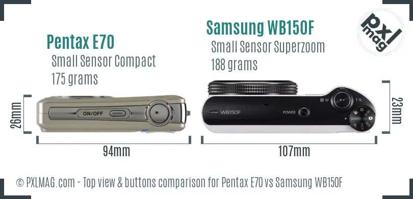 Pentax E70 vs Samsung WB150F top view buttons comparison