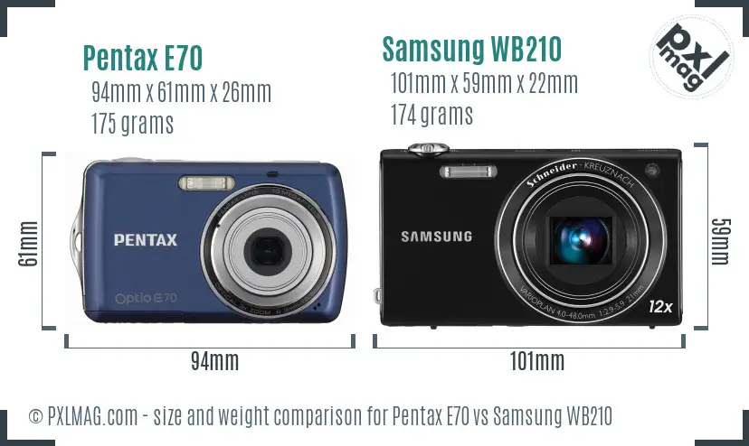 Pentax E70 vs Samsung WB210 size comparison