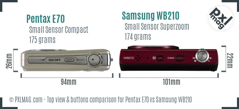 Pentax E70 vs Samsung WB210 top view buttons comparison