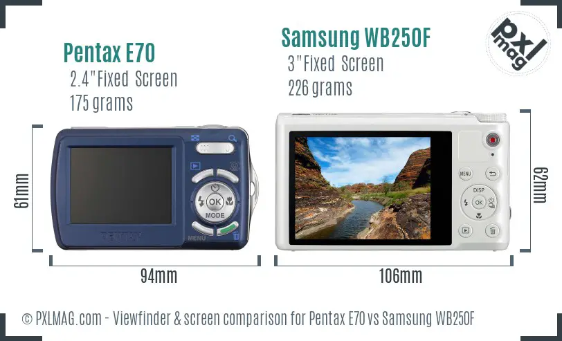 Pentax E70 vs Samsung WB250F Screen and Viewfinder comparison