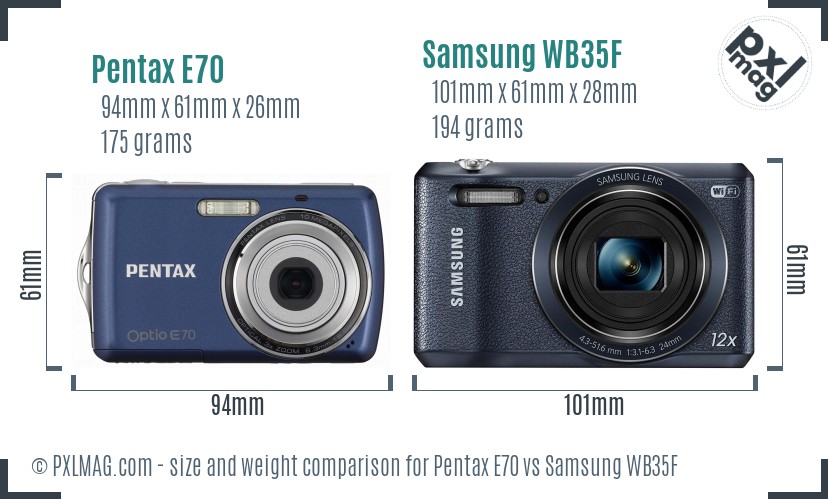 Pentax E70 vs Samsung WB35F size comparison
