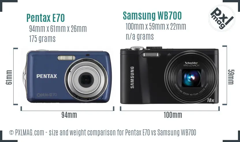 Pentax E70 vs Samsung WB700 size comparison