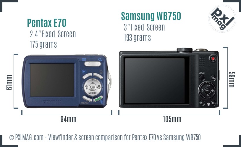 Pentax E70 vs Samsung WB750 Screen and Viewfinder comparison