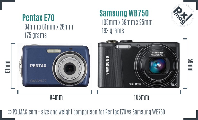 Pentax E70 vs Samsung WB750 size comparison
