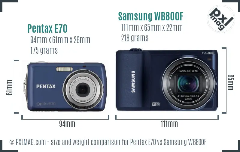 Pentax E70 vs Samsung WB800F size comparison