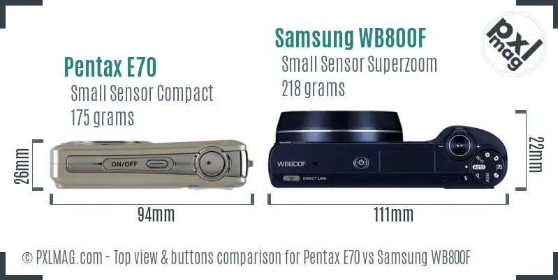 Pentax E70 vs Samsung WB800F top view buttons comparison