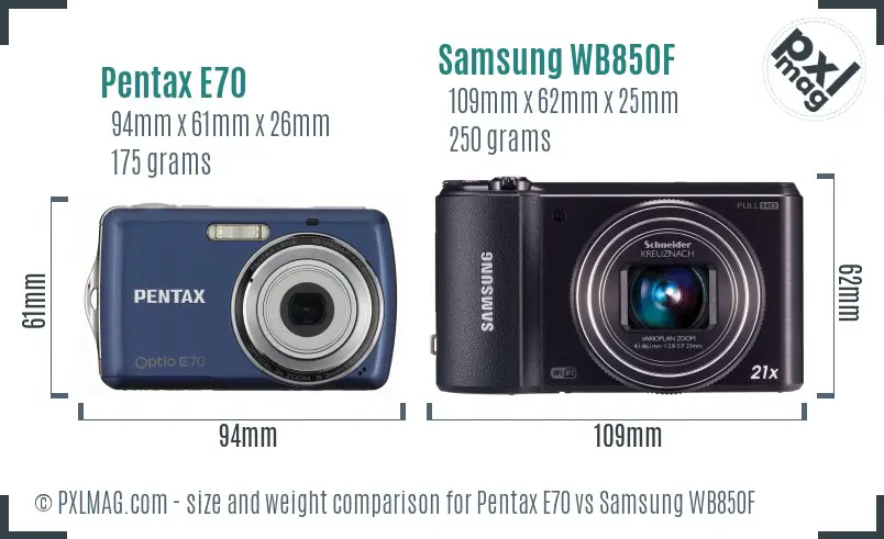 Pentax E70 vs Samsung WB850F size comparison Pentax E70 vs Samsung WB850F size comparison