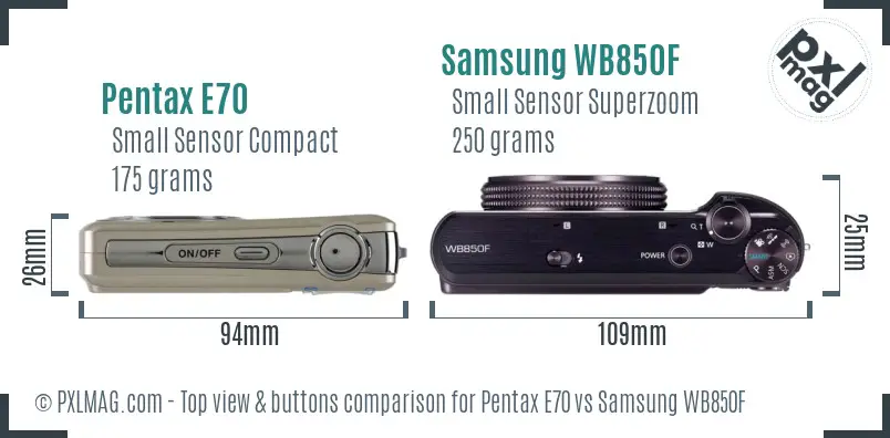 Pentax E70 vs Samsung WB850F top view buttons comparison Pentax E70 vs Samsung WB850F top view buttons comparison