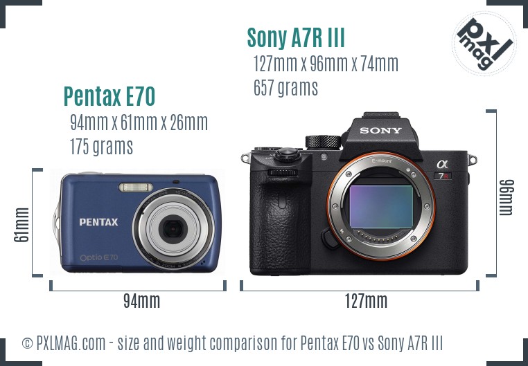 Pentax E70 vs Sony A7R III size comparison