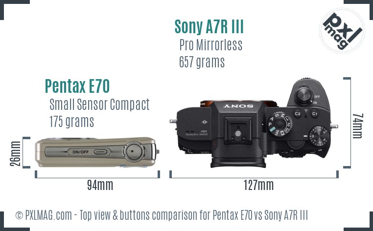 Pentax E70 vs Sony A7R III top view buttons comparison