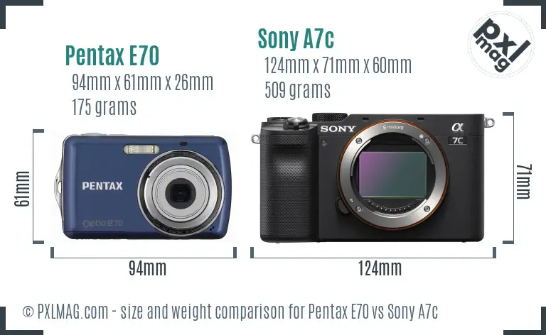 Pentax E70 vs Sony A7c size comparison