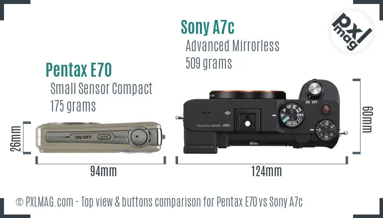 Pentax E70 vs Sony A7c top view buttons comparison