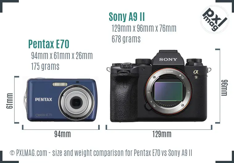 Pentax E70 vs Sony A9 II size comparison