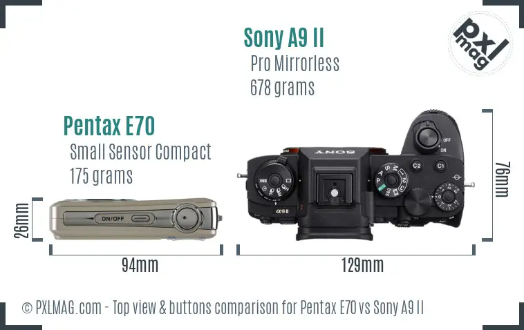 Pentax E70 vs Sony A9 II top view buttons comparison