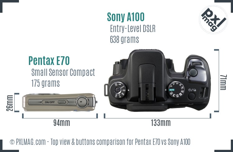 Pentax E70 vs Sony A100 top view buttons comparison