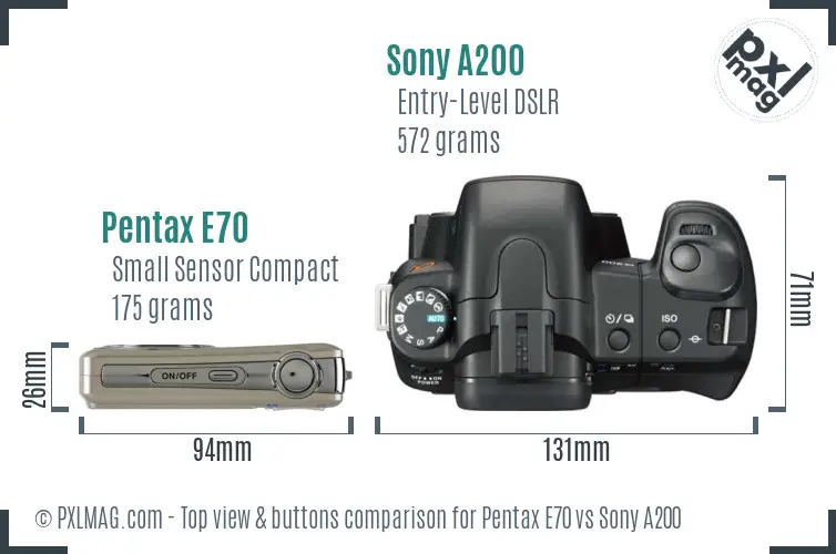 Pentax E70 vs Sony A200 top view buttons comparison Pentax E70 vs Sony A200 top view buttons comparison