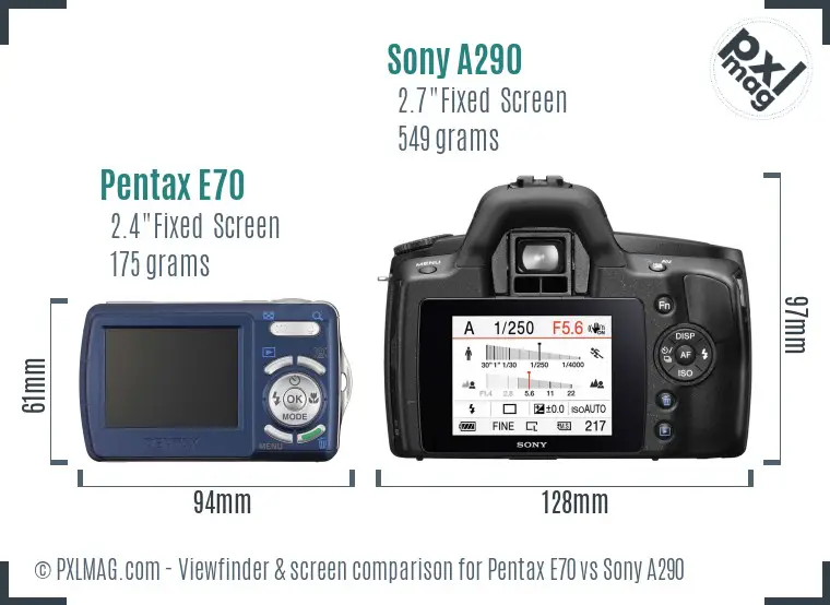 Pentax E70 vs Sony A290 Screen and Viewfinder comparison