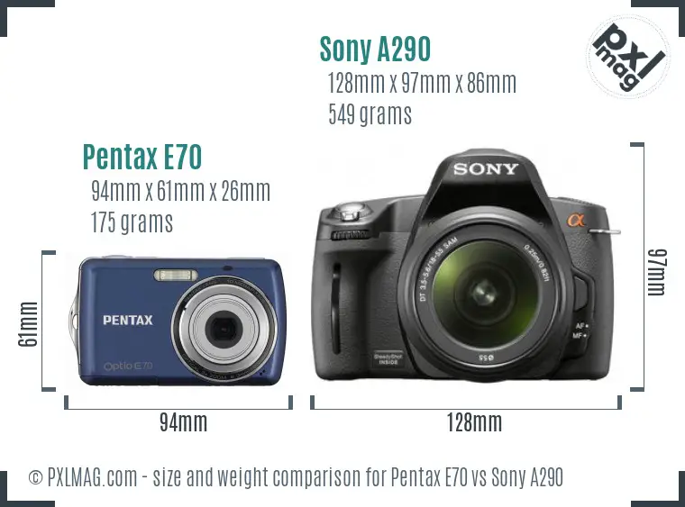 Pentax E70 vs Sony A290 size comparison