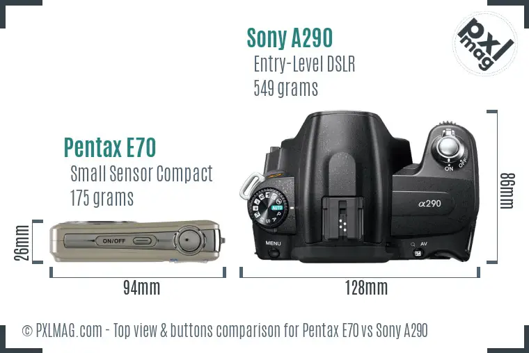 Pentax E70 vs Sony A290 top view buttons comparison