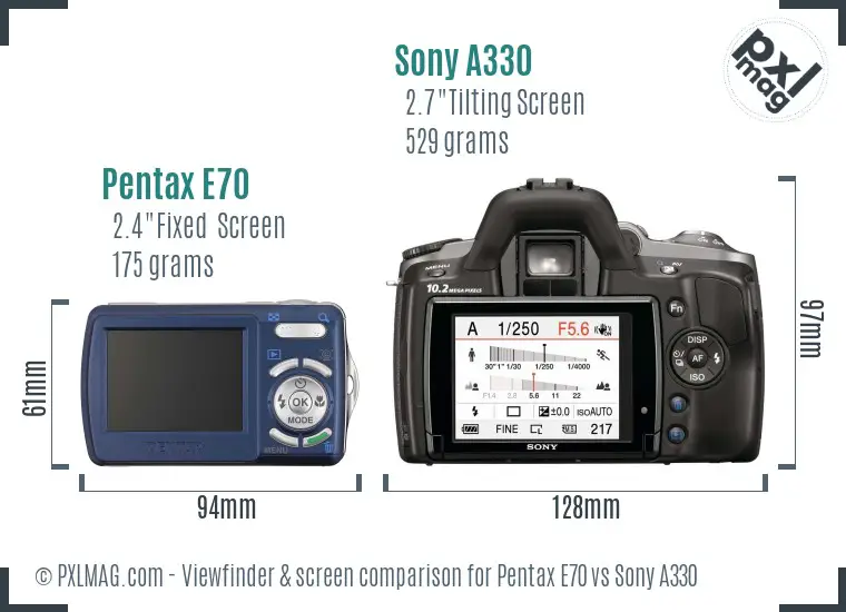 Pentax E70 vs Sony A330 Screen and Viewfinder comparison