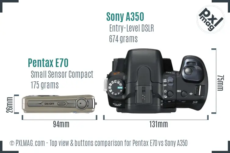 Pentax E70 vs Sony A350 top view buttons comparison Pentax E70 vs Sony A350 top view buttons comparison