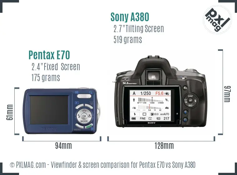 Pentax E70 vs Sony A380 Screen and Viewfinder comparison