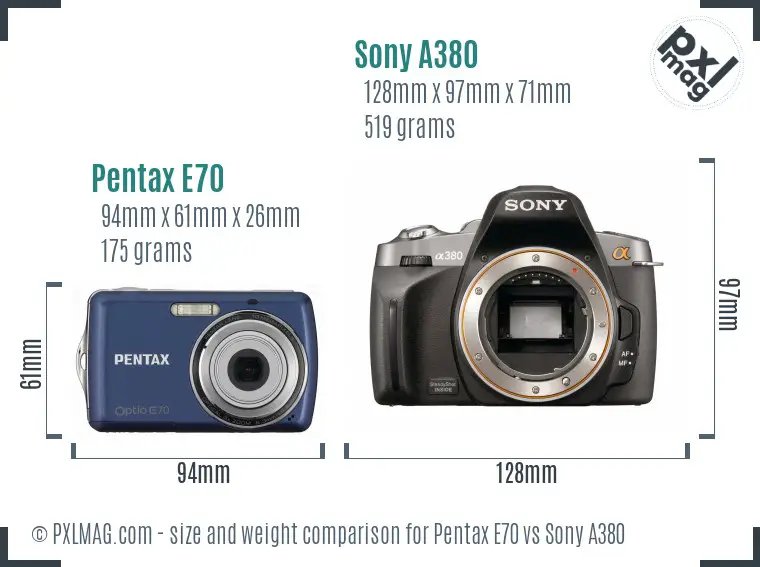 Pentax E70 vs Sony A380 size comparison