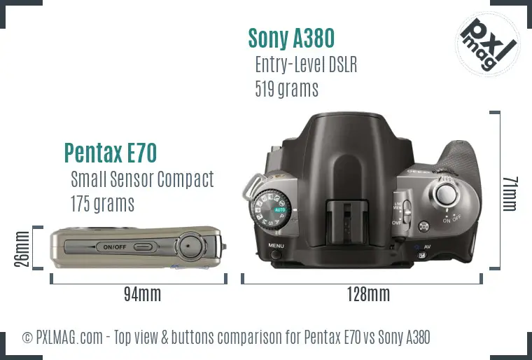 Pentax E70 vs Sony A380 top view buttons comparison