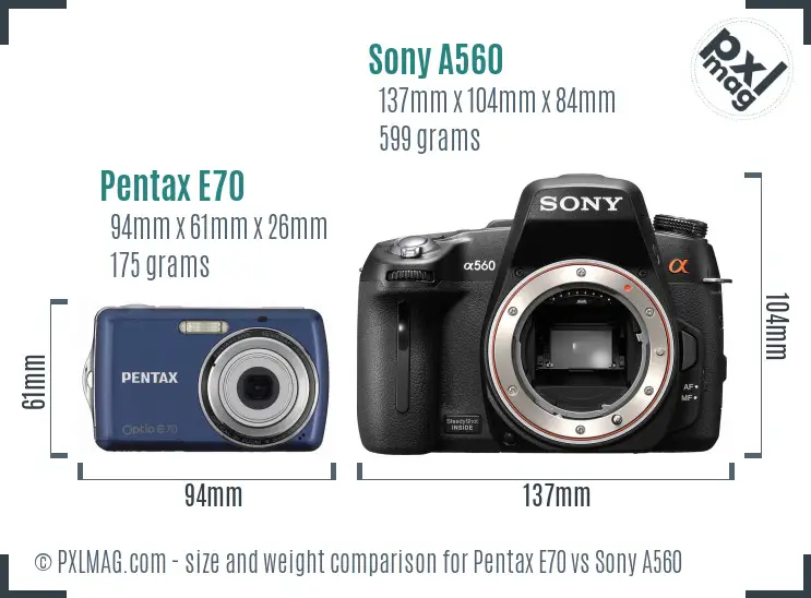 Pentax E70 vs Sony A560 size comparison