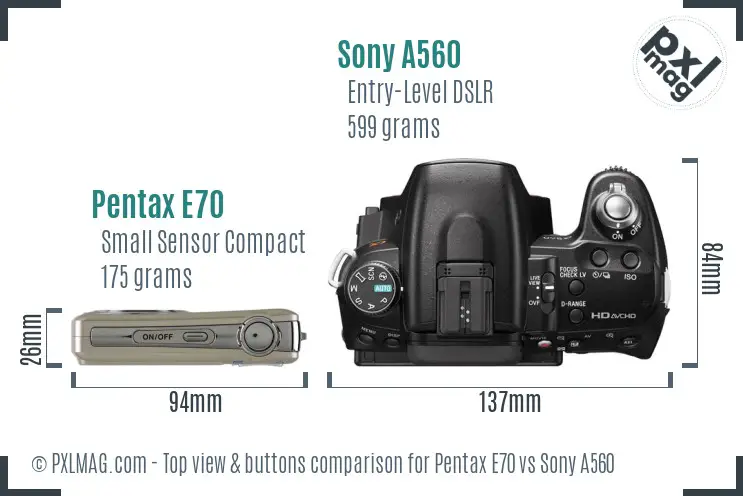 Pentax E70 vs Sony A560 top view buttons comparison