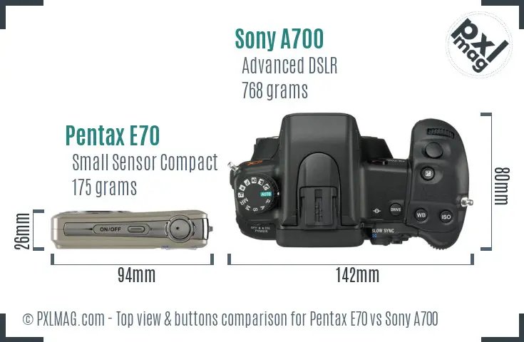 Pentax E70 vs Sony A700 top view buttons comparison