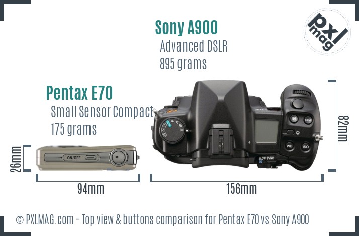 Pentax E70 vs Sony A900 top view buttons comparison